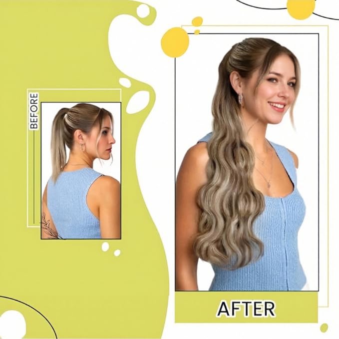 Ponytail Hair Extensions Human Hair Balayage Human Hair Ponytail Extension Straight 12 Inch 70g One Piece Ombre Brown to Blonde Ponytail Extension Real Human Hair Wrap Around Pony Tails