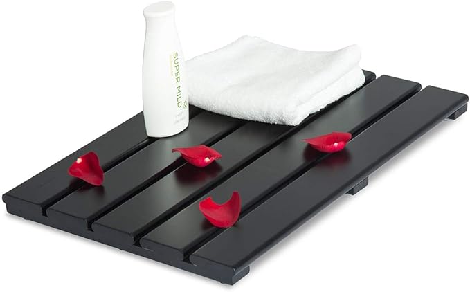 GOBAM Bamboo Bath Mat, Small, 19.7 x 13 x 1.3 inch - Non-Slip Floor Mat for Spa, Sauna, Kitchen, Indoor & Outdoor Spaces, Shower Mat for Bathroom Decor - (Black, 19.7" long)