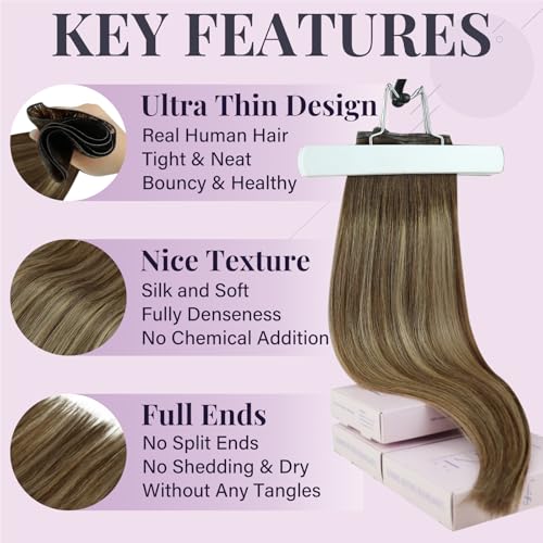 Fshine Genius Weft Hair Extensions Real Human Hair Balayage Sew in Extensions Medium Brown Mixed Caramel Blonde 22 Inch Straight Hair Weft Extensions Human Hair For Women 50g