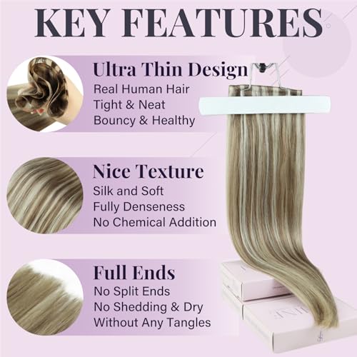 Fshine Hand Tied Weft Hair Extensions Human Hair Brown to Blonde Weft Extensions Real Human Thick Ombre Sew in Straight Remy for Women 20 Inch 60g
