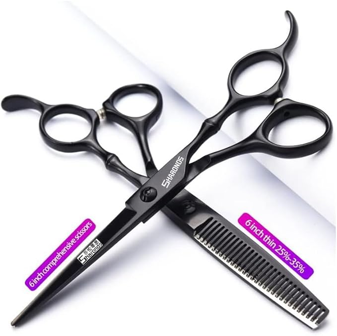 6 Inch Black Hairdressing Scissors Salon Hairdressing Tool Stainless Steel Hair Cutting Hair Thinning Hairdressing Scissors (6 inch 2PC-A)