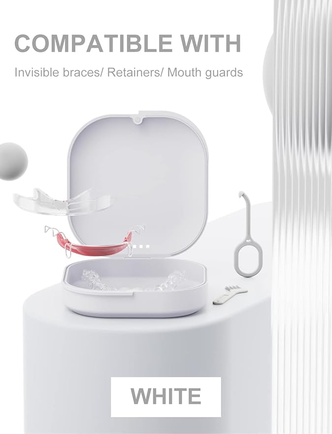 Retainer Case with Vent Holes - Slim Aligner & Mouth Guard Case, Invisalign Compatible, with Removal Tool & Brush, White