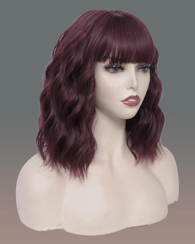 WAVE&BREEZE Dark Red Wig with Bangs Short Curly Bob Wigs for Women 14 Inch Shoulder Length Natural Looking Hair Replacement Wigs for Cosplay Party Use