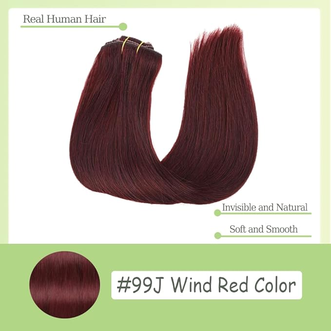 22 Inch #99J Red Clip in Hair Extensions - Real Remy Human Hair, 120g 7pcs, Burgundy Human Hair Extensions Clip ins for Women