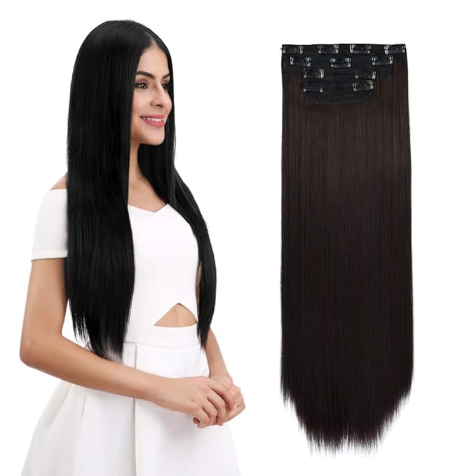 REECHO 20" Straight Long 4 PCS Set Thick Clip in on Synthetic Hair Extensions Dark Brown with Little Reddish