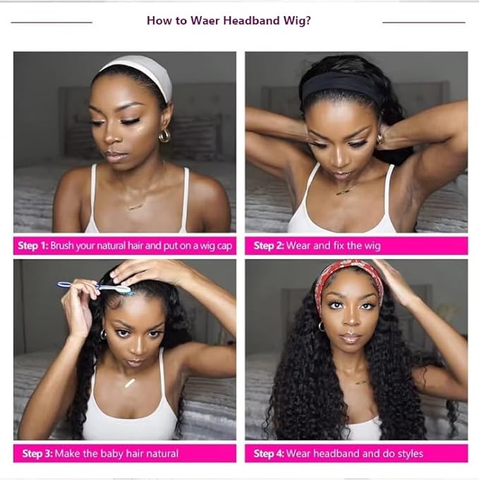 Headband Wig Human Hair Deep Wave 12 Inch Curly Headband Half Wigs for Black Women 12A Brazilian Human Hair Wigs Glueless None Lace Front Wig Natural Color