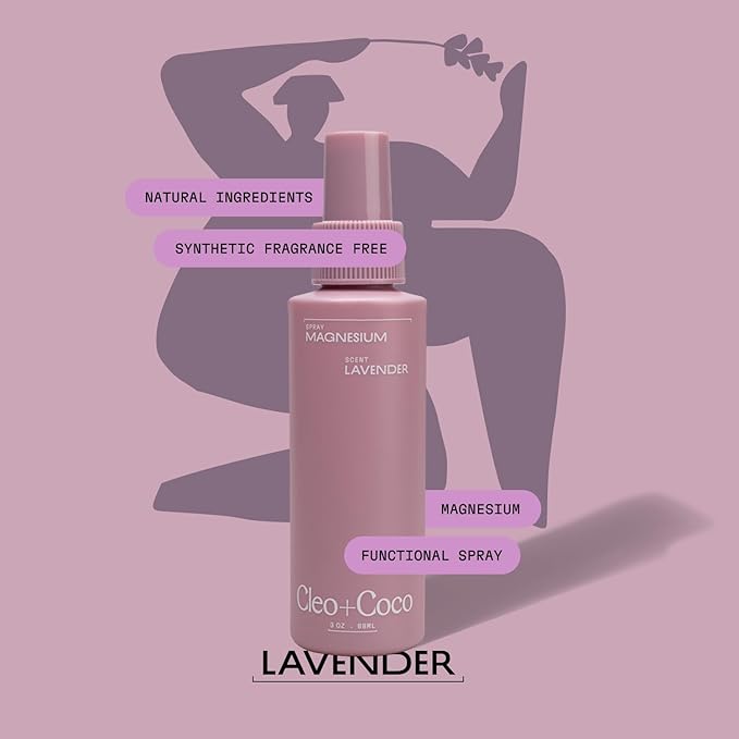 Cleo+Coco Functional Magnesium Lavender Spray for Sleep (3.0 oz), Multi-Use Deodorizing & Soothing Body Spray for Women and Men, Aluminum-Free & Vegan