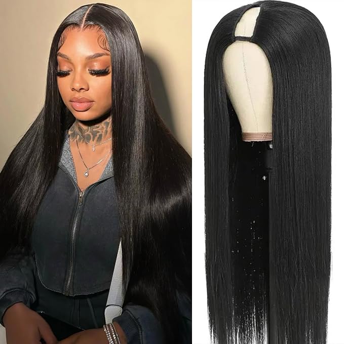 CHEETAHBEAUTY V Part Wigs Human Hair Straight V Shape Wigs for Black Women Upgrade U Part Wigs No Leave Out No Sew In No Glue Clip in Half Wigs 180% Density Natural Black 30Inch