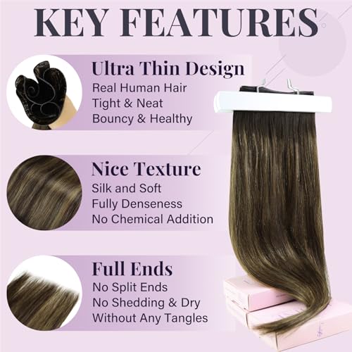 Fshine Genius Weft Hair Extensions Brown Balayage Human Hair 18 inch Sew in Dark Brown to Light Brown and Medium Brown Genius Weft Full Head 50 Grams