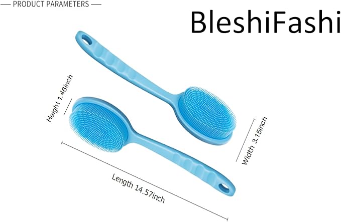 14.5inch Silicone Back Scrubber for Shower 2pcs（Blue）,Exfoliating Shower Brush,Double Sided for Exfoliating and Massage，Long Handle Back Scrubber for Men and Women. Includes 2 Hooks (Include Hook)