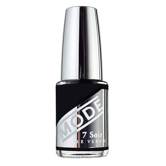 MODE Jet Black Nail Polish Color Patent Leather Shine, Long Lasting Strengthening Nail Lacquer, Chip Resistant Protection, Pro Wide Contour Brush, Vegan, NY Made, 7 Soir Le Vernis, Full of Secrets