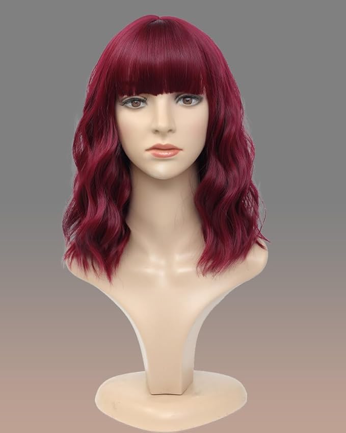 WAVE&BREEZE Red Wigs for Women Wavy Bob Wig with Bangs Short Curly Synthetic Hair Wigs Natural Looking Daily Hair Replacement Wigs for Cosplay Costume Party Use