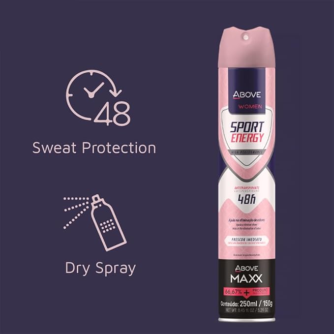 ABOVE Deodorant Women Spray, Sport Energy MAXX 48 Hours -Protects Against Sweat & Body Odor - Dry Anti Perspirant Women Spray, Instant Freshness - Alcohol Free - 5.29 oz (4 Pack)