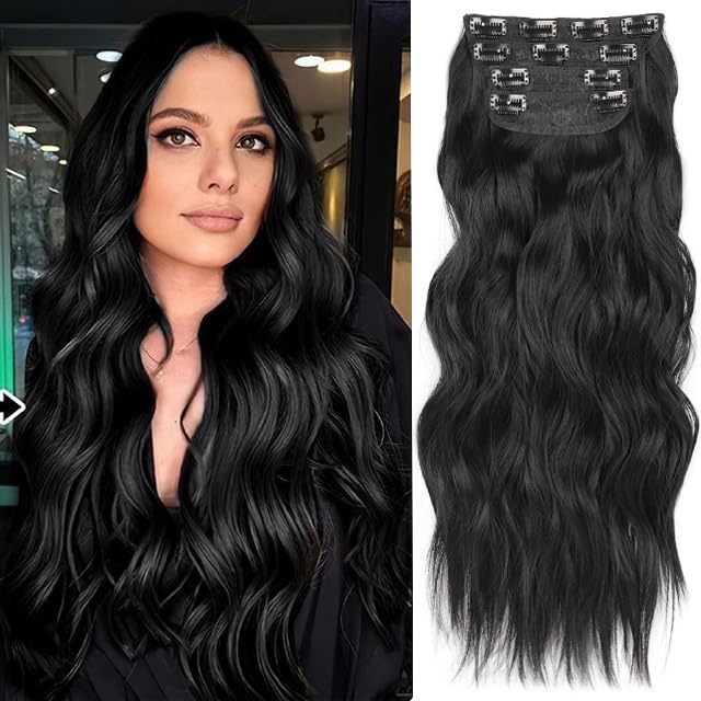 24 Inch Jet Black Hair Extensions Clip in Hair Extension 4 Pcs Long Wavy Synthetic Hair Extension Clip in Soft Hair Extensions Double Weft Hairpiece Full Head for Women (24INCH, 1B)