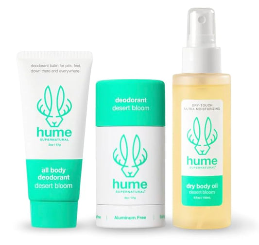 HUME SUPERNATURAL Desert Bloom Starter Set - Aluminum-Free Deodorant Stick, Whole Body Balm & Dry Body Oil - Plant-Based, Sensitive Skin Safe - 3-Piece Gift Set