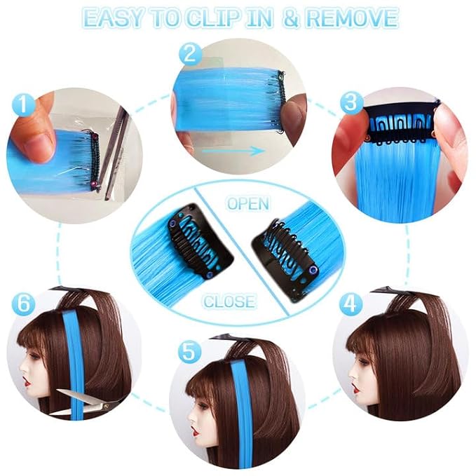 12 PCS Blue Hair Extensions Clip in, 22" Colored Highlights, Synthetic Straight Hair Piece DIY Accessories for Daily Party (LightBlue)