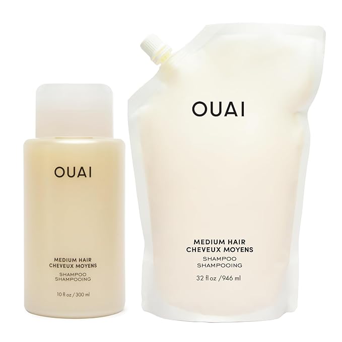 OUAI Medium Shampoo + Refill - Hydrating Shampoo with Coconut Oil, Babassu, Kumquat Extract and Keratin - Strengthens, Nourishes and Adds Shine - Sulfate Free Hair Care Products (2 Count, 10 Oz/32 Oz)