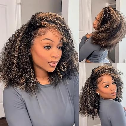AMIRTY KinkyCurly Half Wig Human Hair 200 Density Headband Wig Human Hair for Women 3 In 1 Drawstring Seamless Flip Over Glueless Wear and Go Wigs Human Hair Beginner Friendly Half Wig 16 Inch