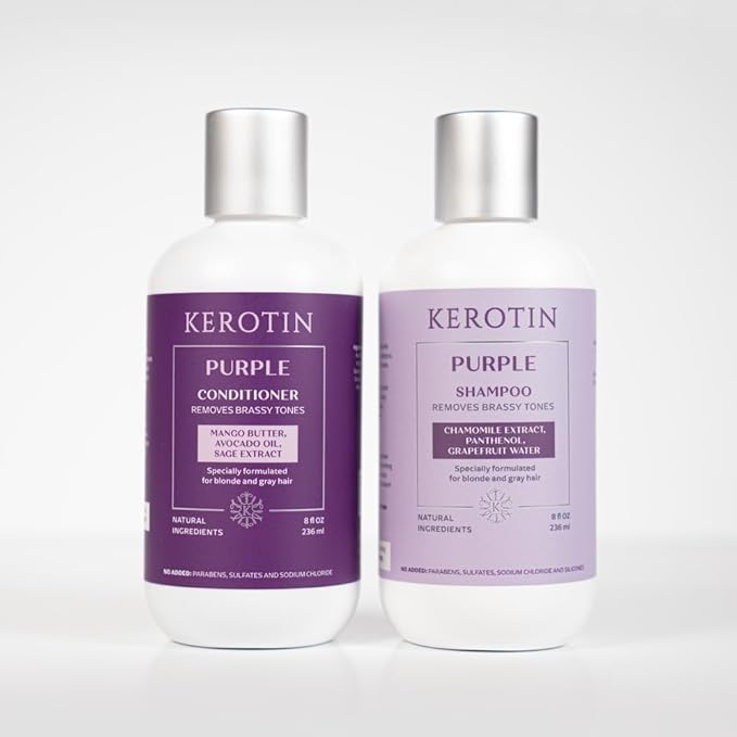 Kerotin Purple Shampoo and Conditioner Set for blond, silver, white, gray hair, and highlights. Removes brassy and yellow tones. Adds shine and moisture. Free of sulfates, parabens, sodium chloride, and silicones. Made in the USA.