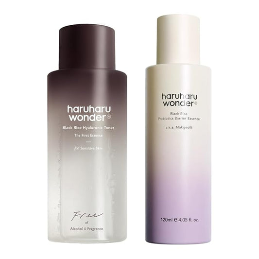 haruharu Wonder Skin Flooding Essential Kit, Black Rice Probiotics Barrier Essence & Hyaluronic Toner for Sensitive Skin