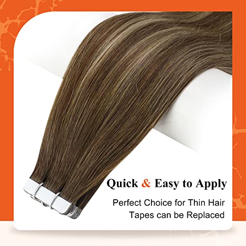 Full Shine Human Hair Tape in Extensions 16inch Brown Balayage Hair Extensions Tape in Brown to Blonde Ombre Highlights Human Extensions Glam Seamless 20Pcs 50Grams