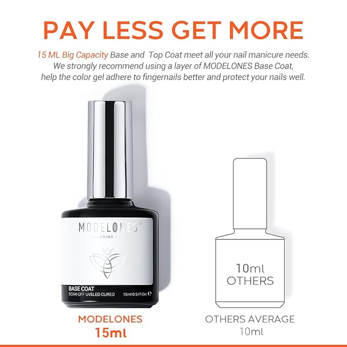 modelones Gel Nail Polish Base Coat, 2025 Upgraded Formula Clear High Glossy Gel Base coat Soak Off Long-Lasting DIY Home Salon Nail Art 15ml