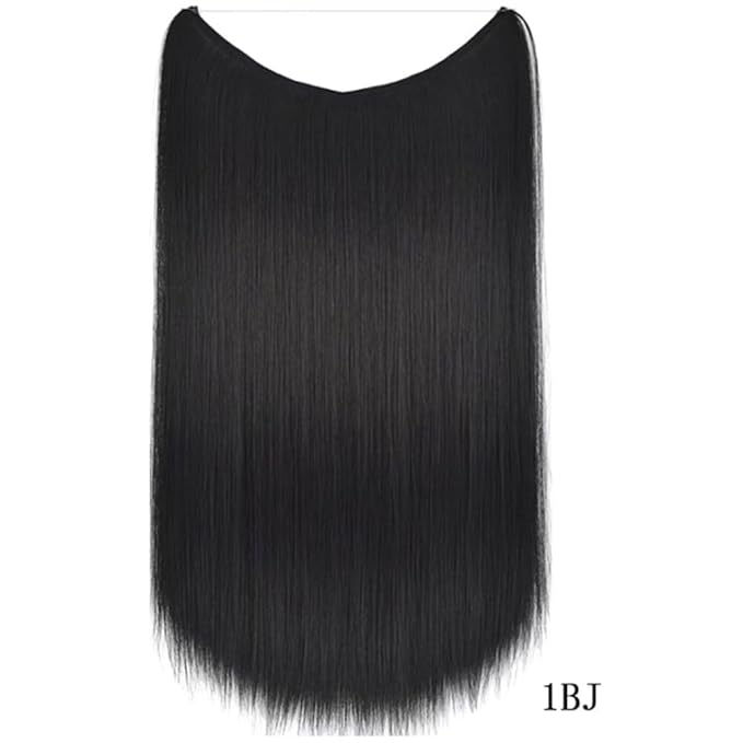 iLUU Straight Hairpiece 22-Inches Heat Resistant Synthetic Fiber Hair Extensions 80 Grams #1BJ Natural Black Color Secret Fish Line Hair Invisible String Hair Extension Wig for Women Girl
