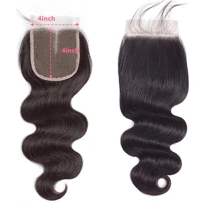 4x4 Lace Closure Human Hair Body Wave Transparent Lace Closure Free Part 100% Unprocessed Brazilian Human Hair Closure 150% Density Pre Plucked With Baby Hair Natural Black Color 8 Inch