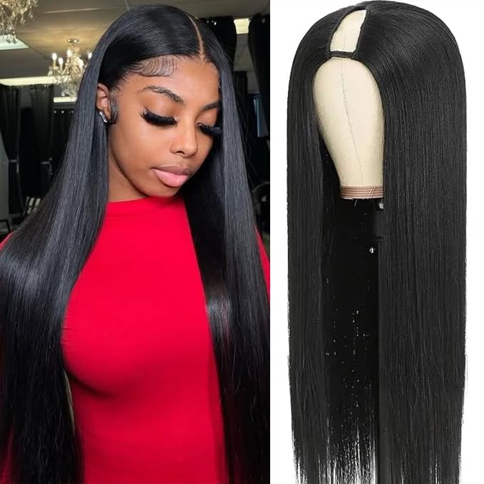 CHEETAHBEAUTY V Part Wigs Human Hair Straight V Shape Wigs for Black Women Upgrade U Part Wigs No Leave Out No Sew In No Glue Clip in Half Wigs 180% Density Natural Black 28Inch