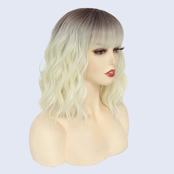 WAVE&BREEZE Short Platinum Blonde Wigs with Bangs 14Inch Wavy Curly Bob Hair Wig for Women Shoulder Length Natural Looking Hair Replacement Wig for Daily Party Cosplay Costume Halloween
