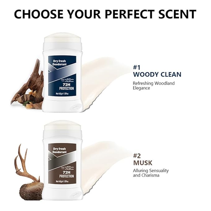Men's Antiperspirant Deodorant,2 Pack Aluminum Free Deodorant Stick for Men,72 Hours Odor Control Full Body Deodorant Sticks for Men,1.6Fl OZ,Woody and Musk Scents
