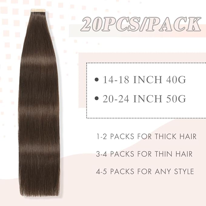 Tape in Hair Extensions Human Hair Darkest Brown Remy Hair Extensions 20pcs 14 Inch Straight Invisible Tape Extensions