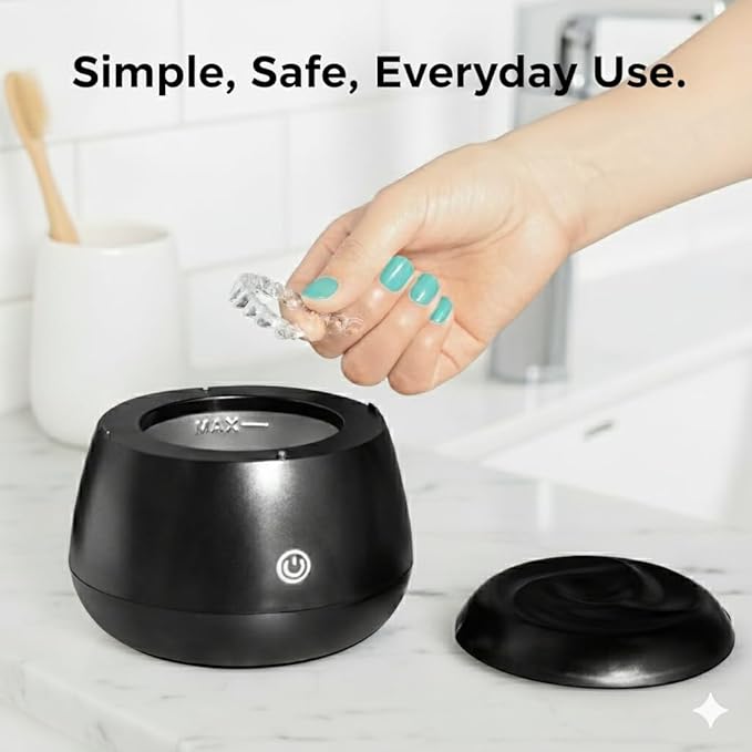 Fiona James 48kHz Ultrasonic Dental Pod Cleaner with UV – Black | Retainer, Aligner, Night Guard & Denture Cleaner | Sonic Cleaning Machine for Oral Appliances & Jewelry