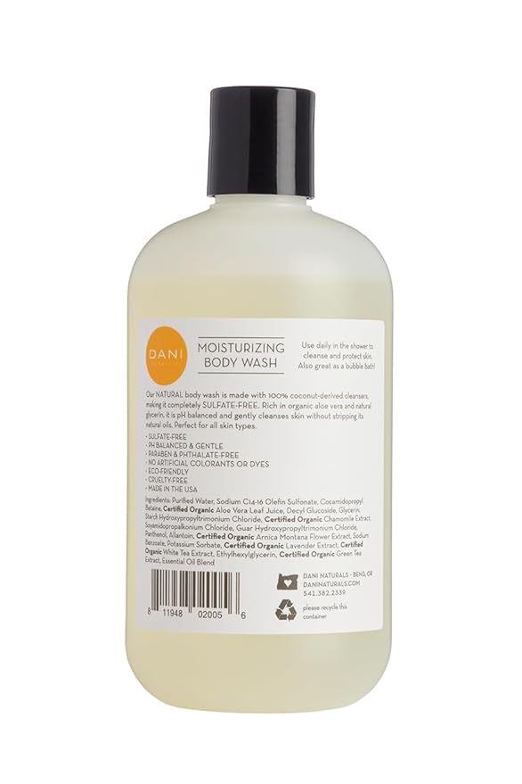 DANI Naturals Moisturizing Body Wash - Grapefruit Ginger Scent, Organic Aloe Vera & Glycerin, Sulfate-Free, Vegan, pH-Balanced, 12 oz - Refreshing, Moisturizing Shower Gel for Soft Skin