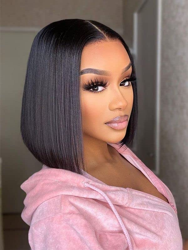 LICHANG 11 Inch 4x4 Lace Closure Bob Wigs Human Hair Wear And Go Straight Glueless Pre Plucked with Baby Hair for Black Women 180% Density