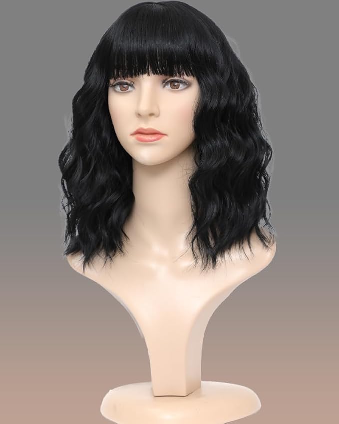 WAVE&BREEZE Short Black Bob Wigs with Bangs for Women 14Inch Curly Natural Looking Synthetic Hair Wig for Daily Party Costume
