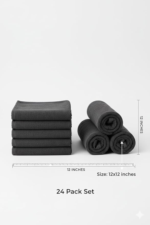 BIOLINEN Cotton Washcloth Towel Set, 12"x12", Pack of 24, Ultra Soft, 100% Cotton, Multi-Purpose Rags (Grey, 12 x 12-24 Pack)