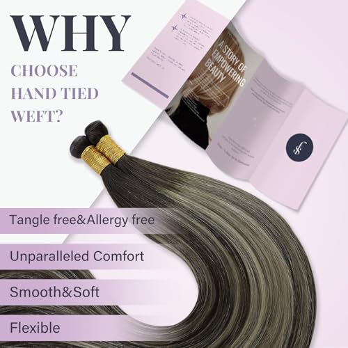 Fshine Real Human Hair Genius Weft Extensions 50g 14Inch Human Hair Hand Tied Genius Weft Balayage Dark Brown Highlights Platinum Blonde Human Hair Straight Hair Sewing Extensions