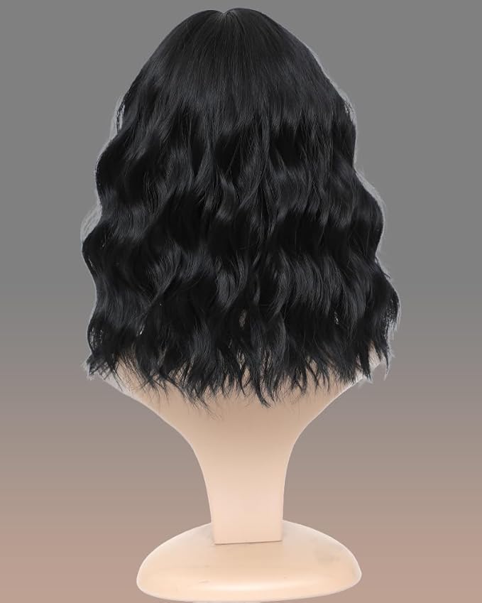 WAVE&BREEZE Short Black Bob Wigs with Bangs for Women 14Inch Curly Natural Looking Synthetic Hair Wig for Daily Party Costume