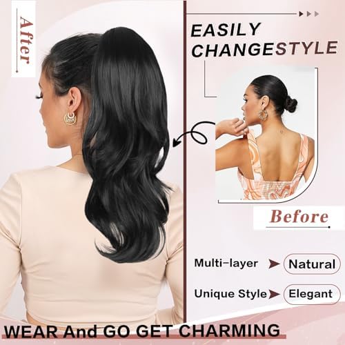 Ponytail Extension, Black Drawstring Ponytail Extension for Women Long Wavy Pony Tails Hair Extensions Synthetic Wavy Clip in Ponytail Hairpiece for Women, 20 Inch