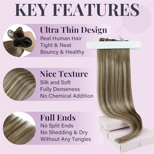 Fshine Hand Tied Genius Weft Hair Extensions Color Chestnut Brown Fading to Platinum Blonde Human Hair Extensions for Women 16 Inch 50g