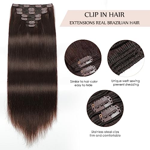 Sisily Clip in Hair Extensions Real Human Hair, 16 inch 140g, Dark Brown, 100% Brazilian Remy Human Hair Clip in Extensions Soft Straight 7pcs Per Set with 16 Clips Double Weft