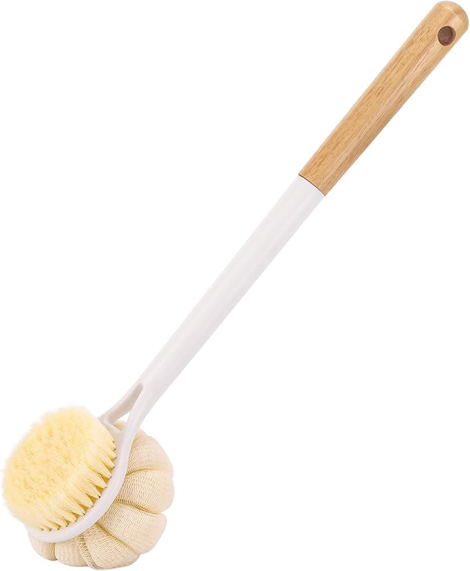 BTYMS Bath Sponge Back Brush Long Handle for Shower 17 Inch, Double Sided Exfoliating Back Scrubber Brush Shower Body Brush with Soft Bristles and Loofah