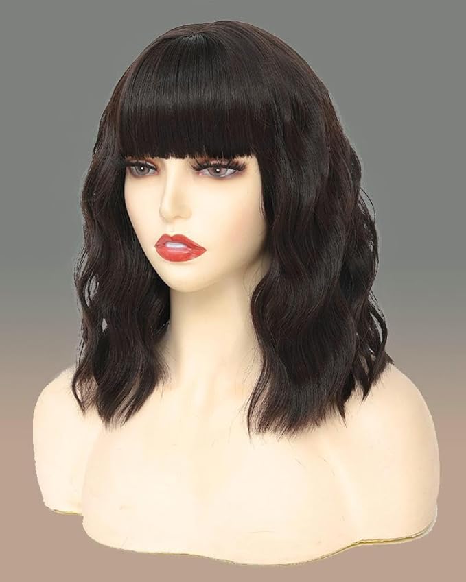WAVE&BREEZE Brown Wig with Bangs Short Wavy Bob Wigs for Women 14 Inch Shoulder Length Natural Looking Synthetic Hair Replacement Wigs for Cosplay Party Use