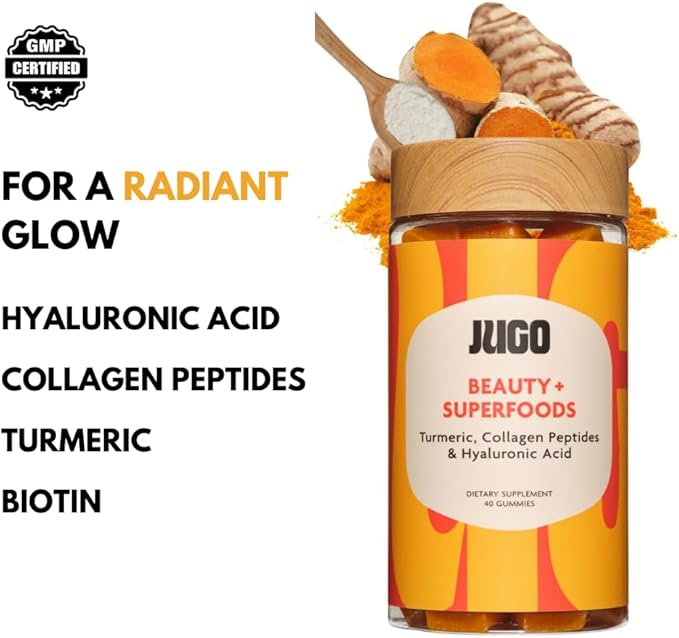 JUGO Beauty + SUPERFOODS Hair, Skin and Nails Collagen Gummies, Hyaluronic Acid and Turmeric Supplement, Cruelty-Free, Gelatin-Free and Gluten-Free Gummy Vitamins, Non-GMO, Made in USA, 40 Count