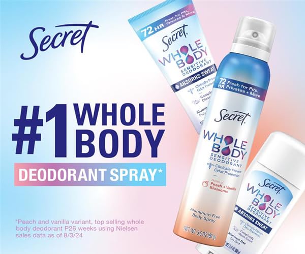 Secret Whole Body Deodorant Dry Feel Stick + Absorbs Sweat for Women, Naturally Derived Ingredients, Light & Fresh Scent, Aluminum Free Deodorant Stick, 72 HR Odor Protection, 2.4 oz