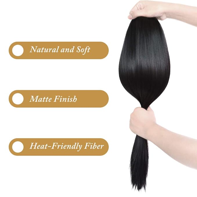 REECHO 24" Straight Clips in hair extensions Clips on HE008 Hairpieces Synthetic Hair Extensions for Women 5 Clips per Piece - Natural Black