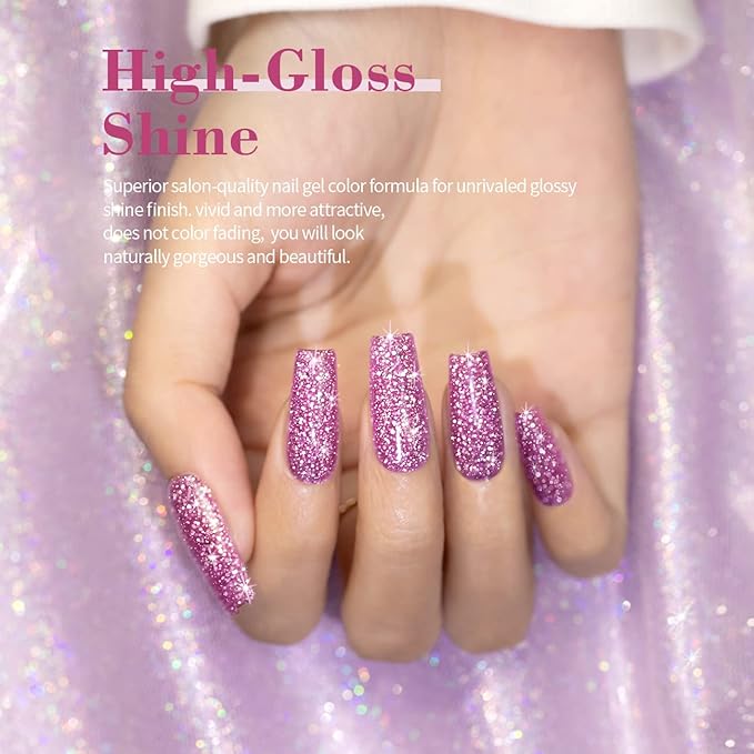 RARJSM Reflective Glitter Gel Polish Rose Pink Sparkle Rainbow Shimmer Gel Nail Polish Holographic 7.5ml Soak Off LED UV Bright Disco Diamond Nail Gelpolish Nail Art Manicure Salon DIY Home