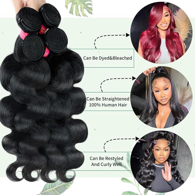 Body Wave Bundles Human Hair 20 22 24 26 Inch 4 Bundles Human Hair Body Wave 14A Raw Bundles Human Hair 100% Unprocessed Brazilian Natural Black Glossy Hair Bundle