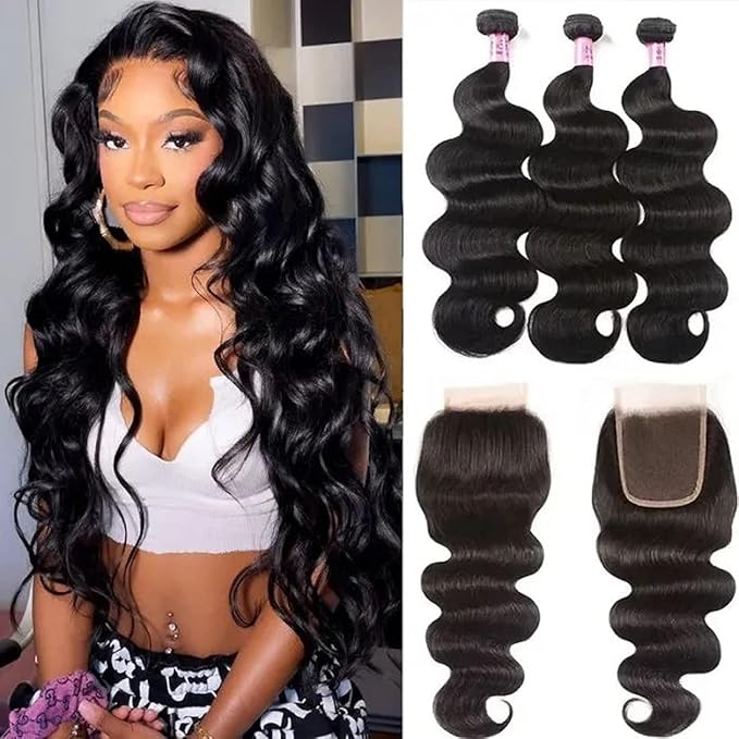 UNice Hair Icenu Series Brazilian Body Wave 3 Bundles with Free Part Lace Closure, Unprocessed Virgin Human Hair Wefts Extensions Natural Black Color (16 18 20+14Closure)